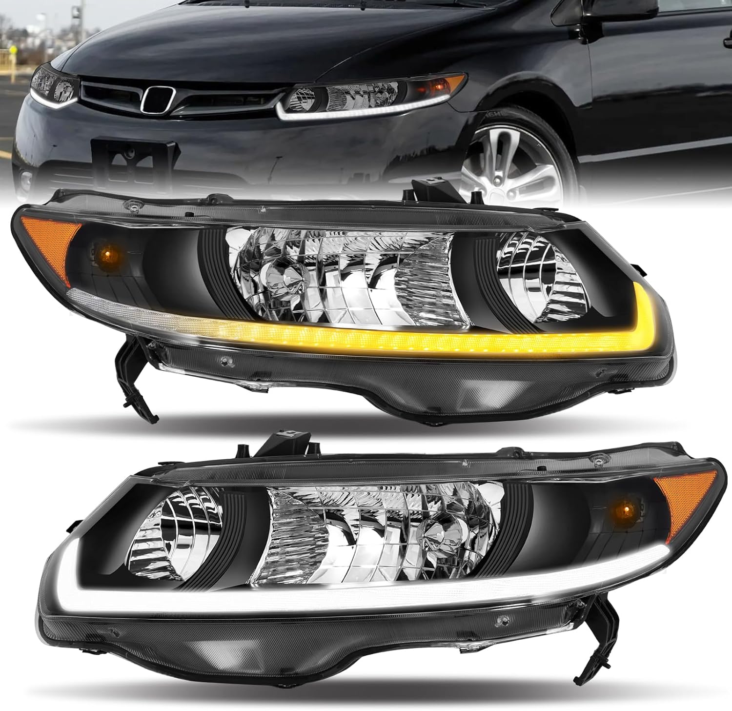 ELH LED Sequential DRL Headlight Assembly Fit For 2006-2011 Honda Civic 2-Door Coupe w/LED Day Running Light 2006 2007 2008 2009 2010 2011 06 07 08 09 10 11 Headlamp Driver and Passenger Side SEQ