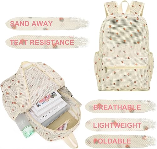 Miniatura 4 de CAMTOP Mochila de malla para niños y niñas, mochila transparente para preescolar, mochila casual para escuela, playa, viajes, deportes (fresa beige)