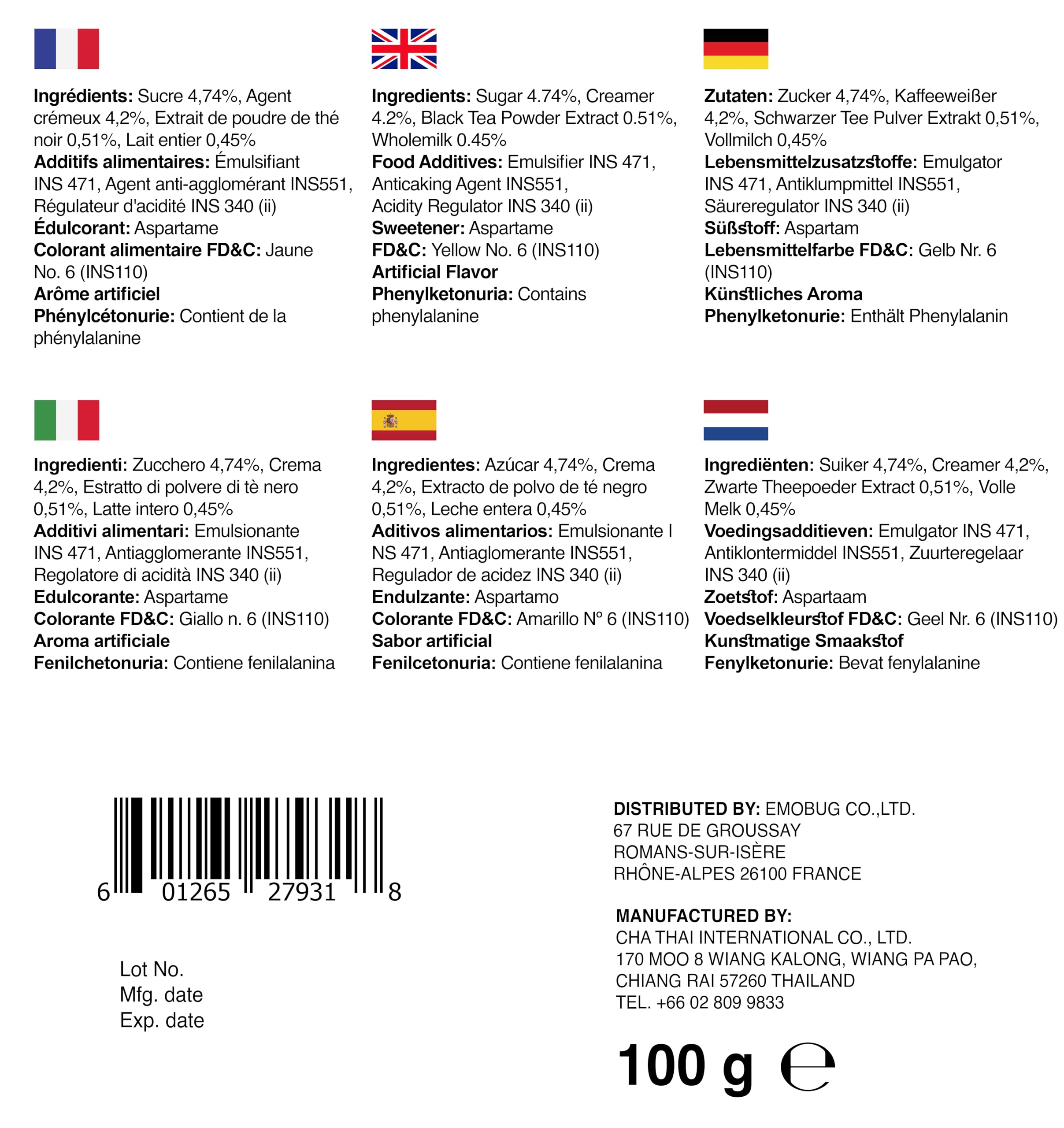 Cha Tra Mue Té tailandés instantáneo 3 en 1 thai tea mix powder, Instant Thai Tea 100 g (5 x 20 g)