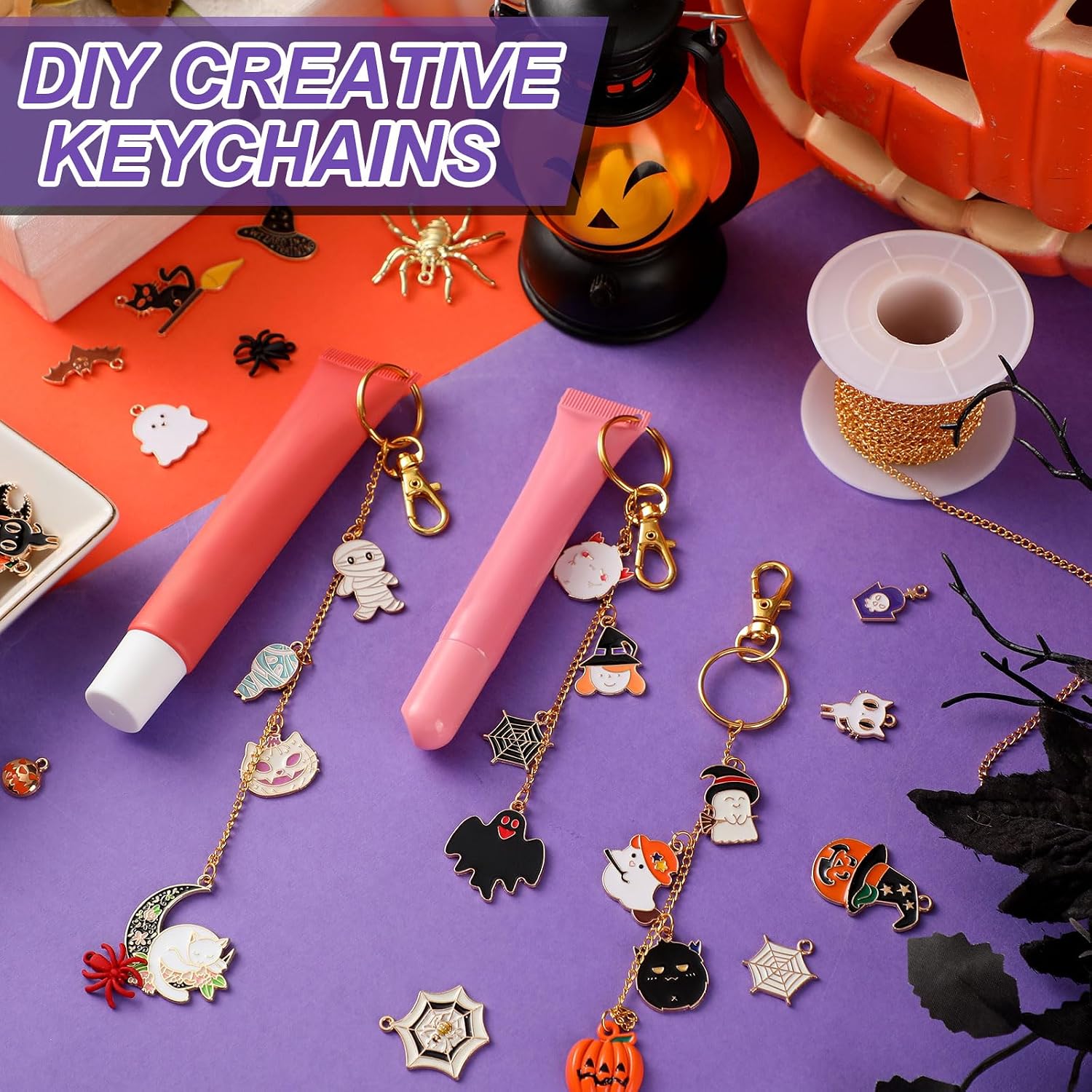 VioraWhite 213 Pcs Halloween Theme Lip Gloss Keychain Making Kit 100 Pink Enamel Charms 32.81 ft Gold Chains for DIY Crafts Women