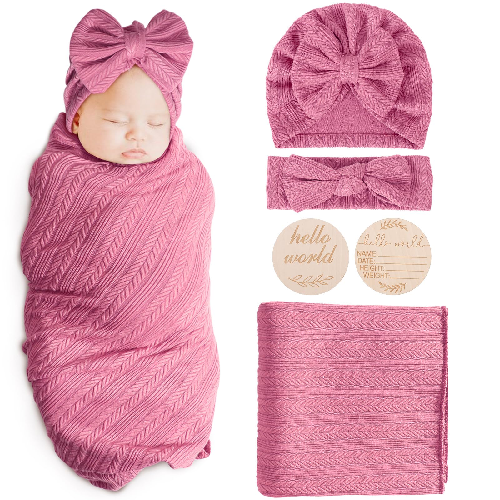 AQOKKA Newborn Receiving Blanket with Bow Hat Headband Wooden Card Set Wheat-Pattern Newborns Toddler Baby Boy Girl Nursery Swaddle Wrap