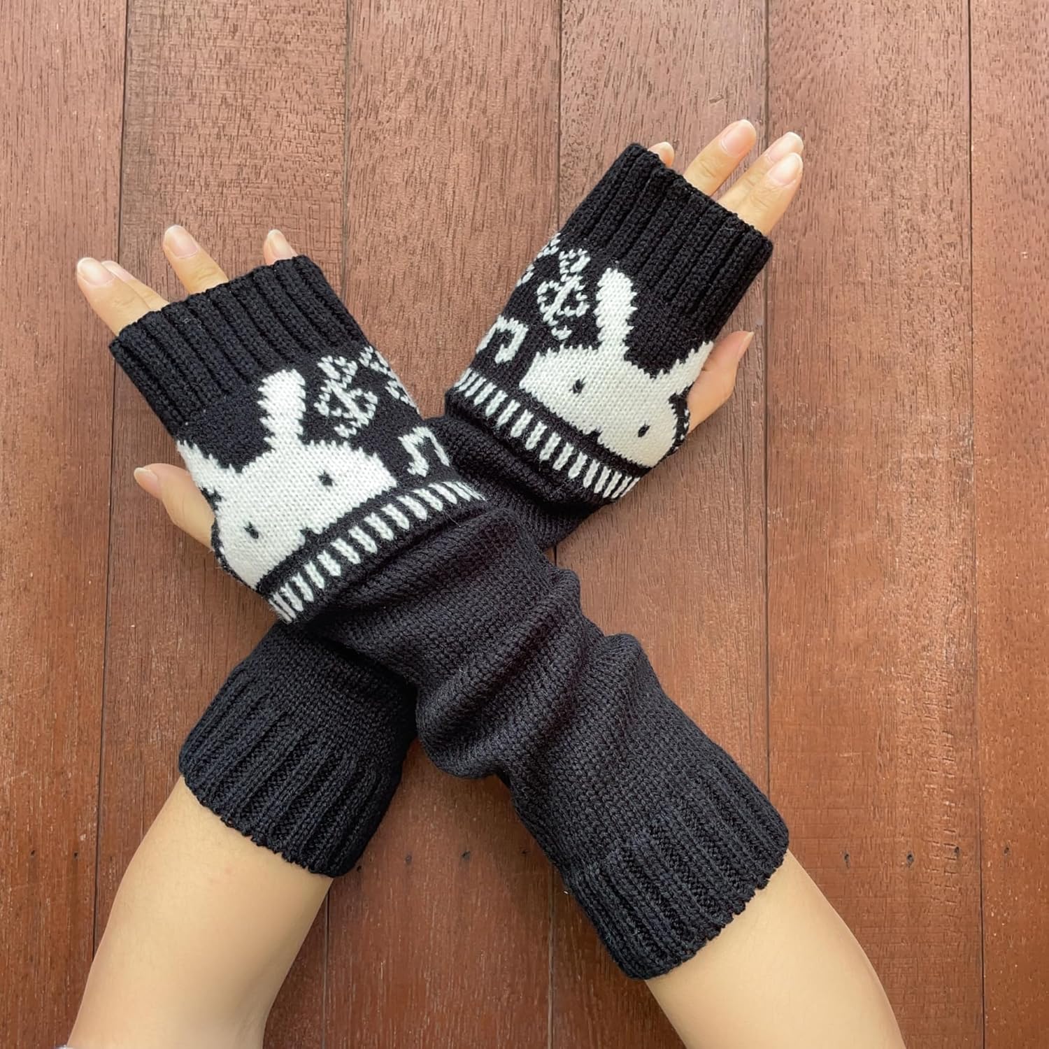 DUNKOING Knitted Arm Warmer Cute Bunny Fingerless Glove Y2K Kawaii Wrist Warmer Warm Sleeves for Women Girls Ladies - Image 3