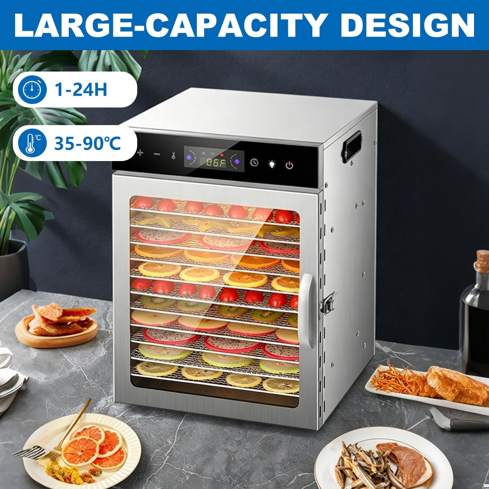 Deshidratador De Alimentos Comercial De 6, 8, 10, 12 O 18 Bandejas, Deshidratador Doméstico De Acero Inoxidable Para Alimentos, Cecina, Hierbas Y Frutas, Gran Capacidad Y Tiempo Ajustables(10 Tray)