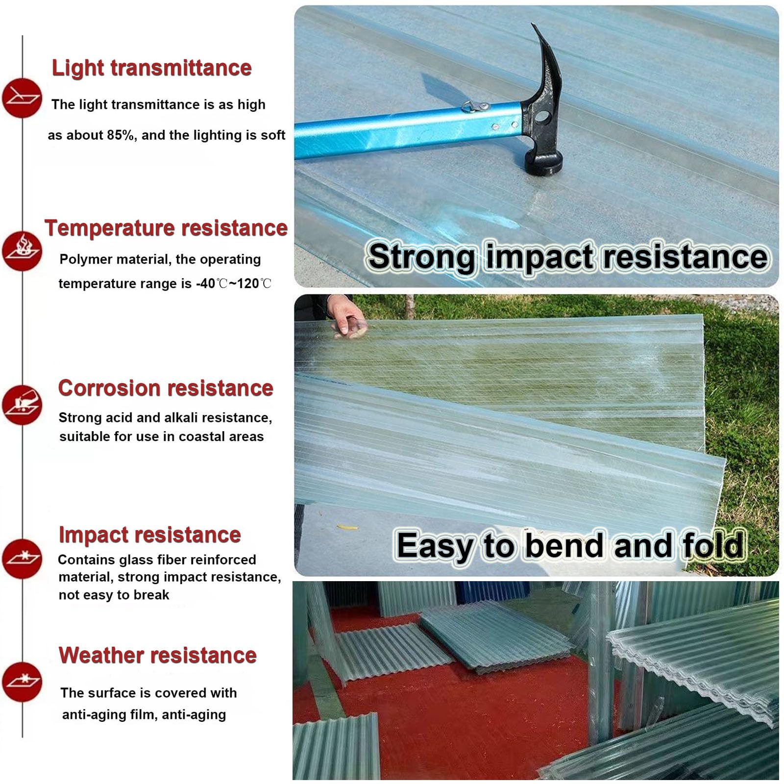 2mm Hojas De Techo Corrugado,Placa De Iluminación Natural De Fibra De Vidrio,Chapa Tejado O Pared,Chapa Tejado A Prueba De Lluvia Anti-UV,Chapa Ondulada Para Invernaderos (0.9×1.7m,1pcs)
