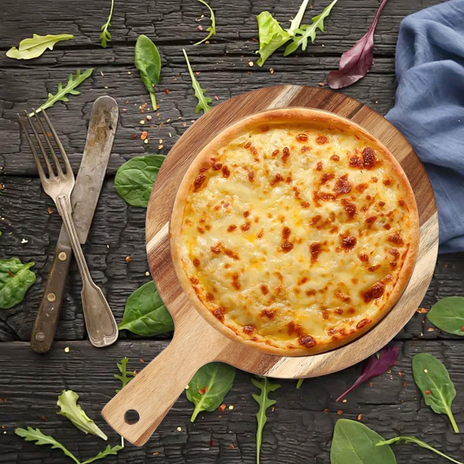 Naturalna deska do krojenia z drewna akacjowego i talerz do pizzy, 40 cm, okrągła konstrukcja, gładka polerowana krawędź, do kuchni, serwowania, wędlin, trwałe i eleganckie przybory kuchenne