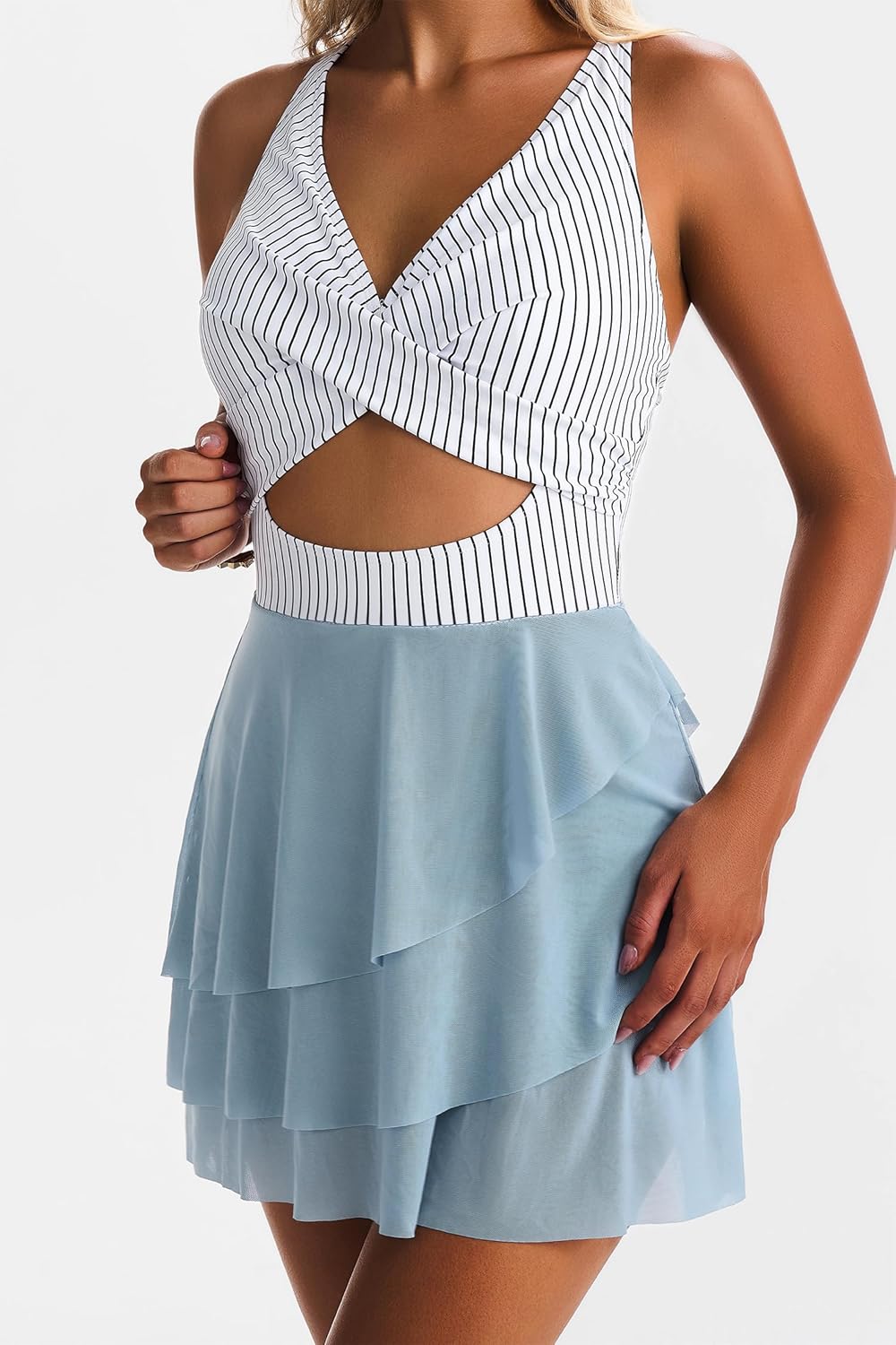 Women One Piece Swim Dress Tummy Control Mesh Swimsuits Wrap Sarong Bathing Suit V Neck Slimming Swimwear - Image 2