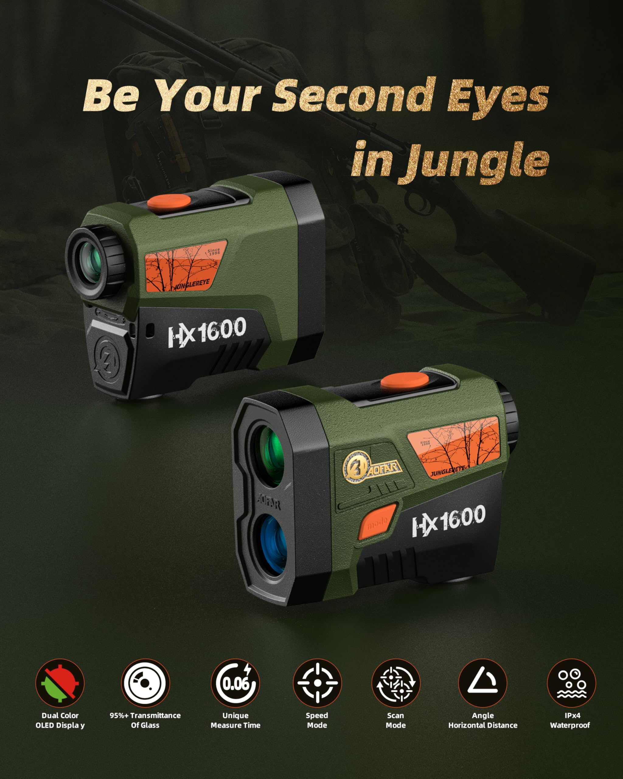 AOFAR HX1600 Laser Entfernungsmesser Jagd 1600Y, OLED Dual-Farbe (95% Licht), Winkel & horizontale Distanz, Entfernung/Scan/Geschwindigkeit, IPX4, 0.3s Schnellmessung, für Jäger & Outdoor