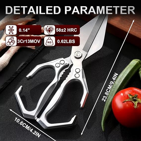Kitchen Shears,Multifunctional Heavy-Duty Kitchen Shears,Japanese High-Carbon Steel Culinary Shears for Chicken, Meat, Seafood, Bone Cutting(Silver)