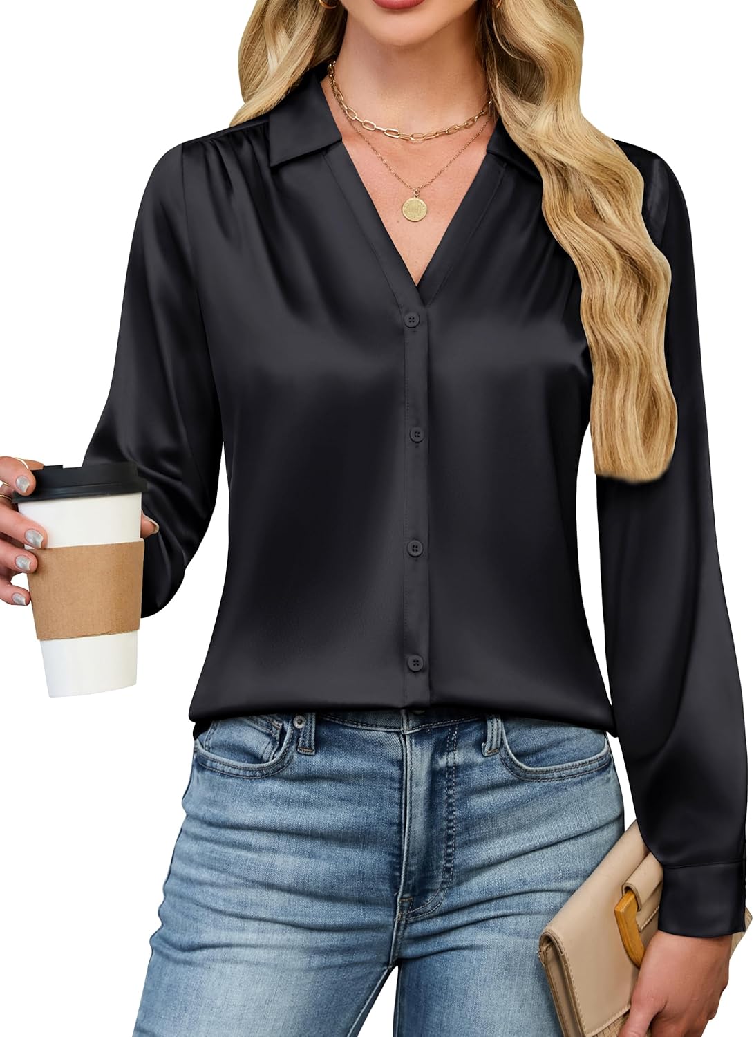 Blooming Jelly Womens Satin Button Down Shirts Work Dressy Casual Blouses Shirt Collar Long Sleeve Tops 2025