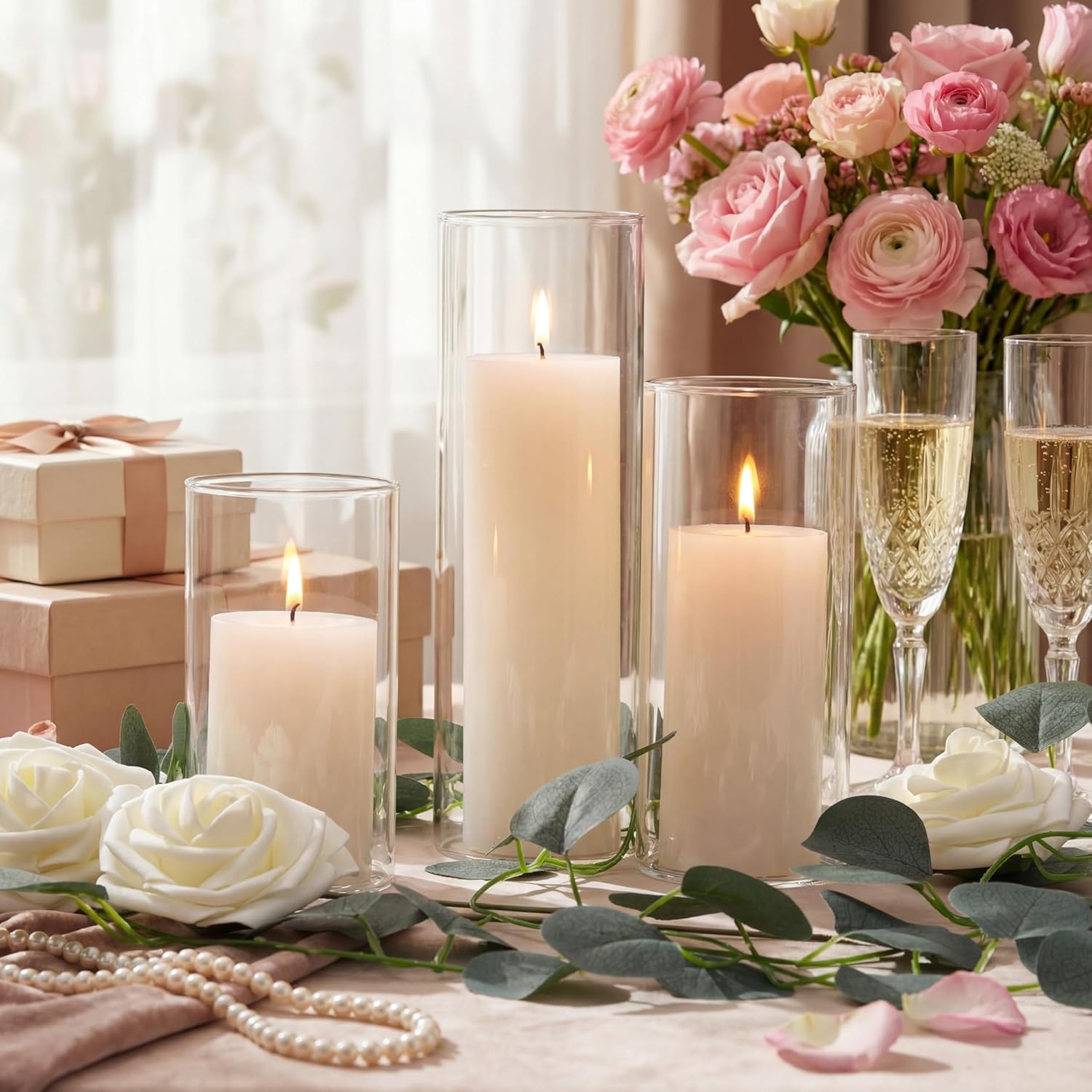 38 Pcs White Pillar Candles with Clear Hurricane Glass Holders Cylinder Candle Vases Artificial White Roses Eucalyptus Garland for Wedding Table Centerpieces Party Home Decor