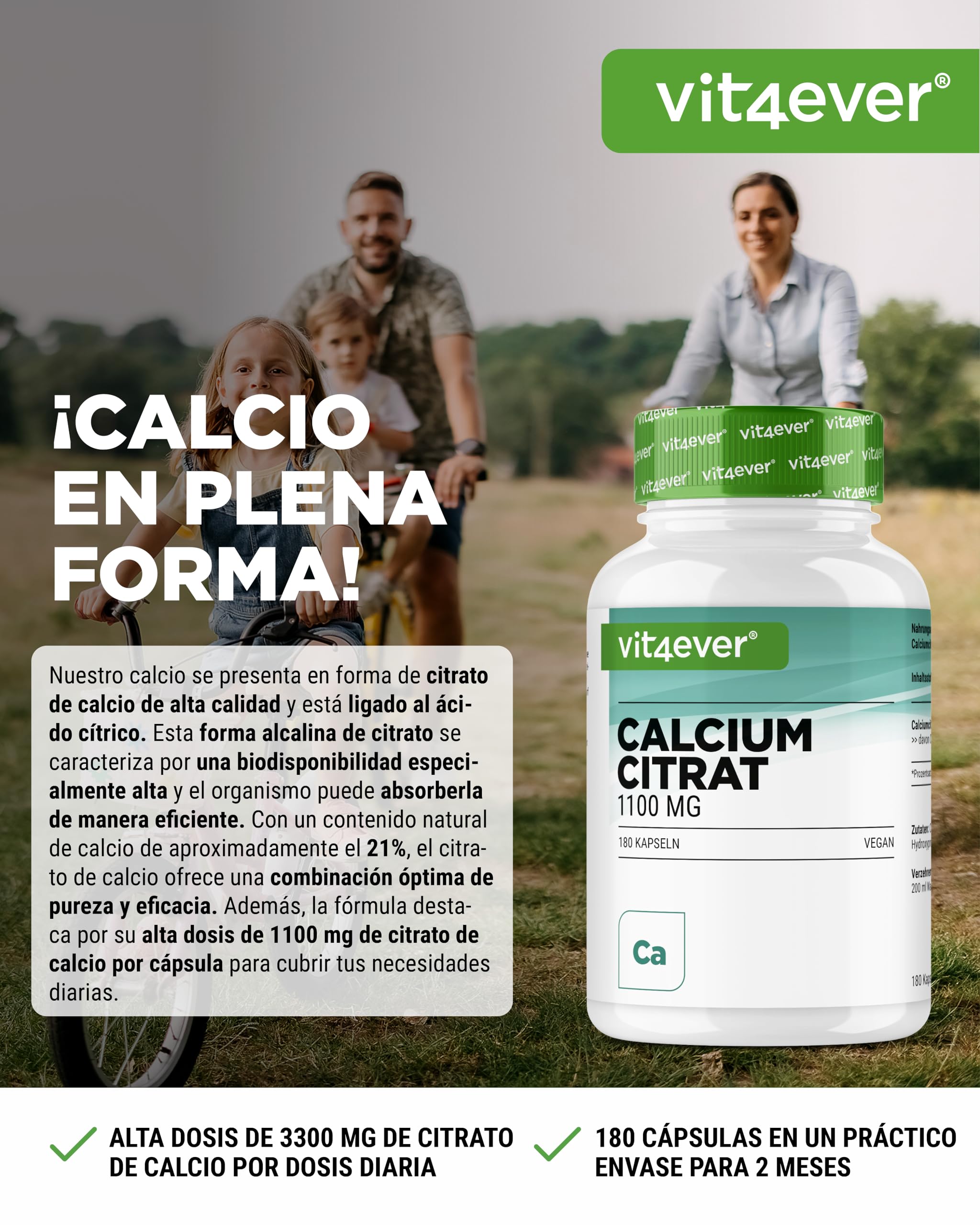 vit4ever Citrato de Calcio - 180 Cápsulas - Alta Dosificación con 1100 mg por Cápsula - Suministro para 2 Meses - Alta Biodisponibilidad - Calcio para Huesos, Dientes y Metabolismo Energético - Vegano