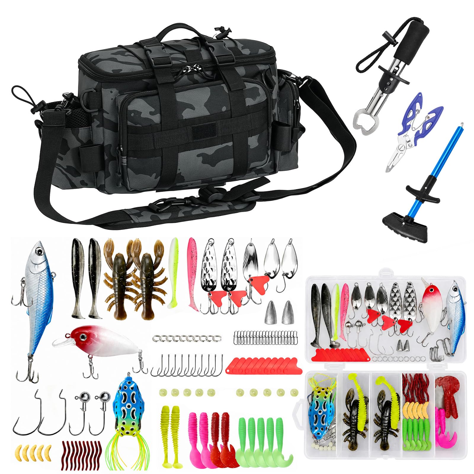 QKTYB Kit Pesca Completo 111 Pezzi con Borsa da Pesca, 107 Esche Artificiali e Accessori, Pinza da Pesca, Slamatore, Pinza Blocca Pesce, Set Pesca per Luccio Persico Trota