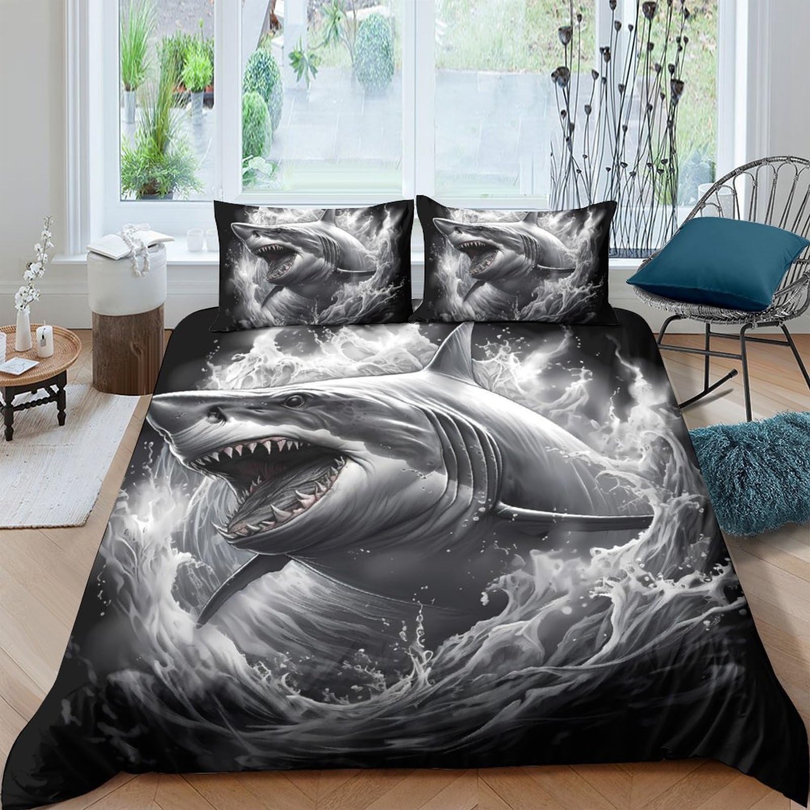 Ctjqhvkz Style-8 3D Printed Shark Ocean Fitted Sheet Microfiber Soft Black Grey Sea Wave Bed Cover For Bedroom Guest Room Decor Single（135X200cm）