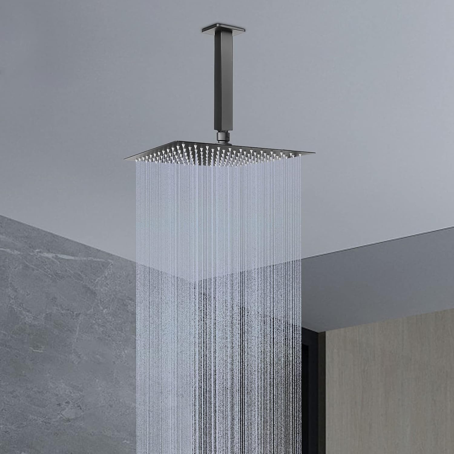 Ceiling Mounted Shower Arm, Rain Shower Square Extension Arm with Flange and Teflon Tape Stainless Steel Ceiling Mount Shower Extender (6 Inch, Matte Black)