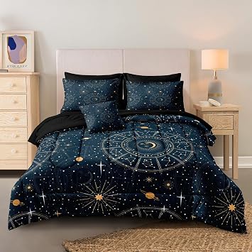 Herside Sun and Moon Bed in a Bag Navy Blue Psychedelic Celestial Bedding Comforter Set Queen Size,Interplanetary Bedding Galaxy Comforter Set,Gothic Mystic Witchy Bedding for Room Decor