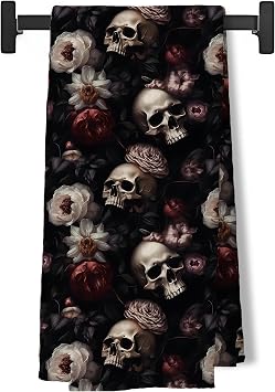 Dark Cottagecore Peony Gothic Skull Floral Kitchen Towels for Bathroom,Gothic Cottagecore Bathroom Decor,Skull Decor Dish Tea Towels for Kitchen, 16x24 Inches