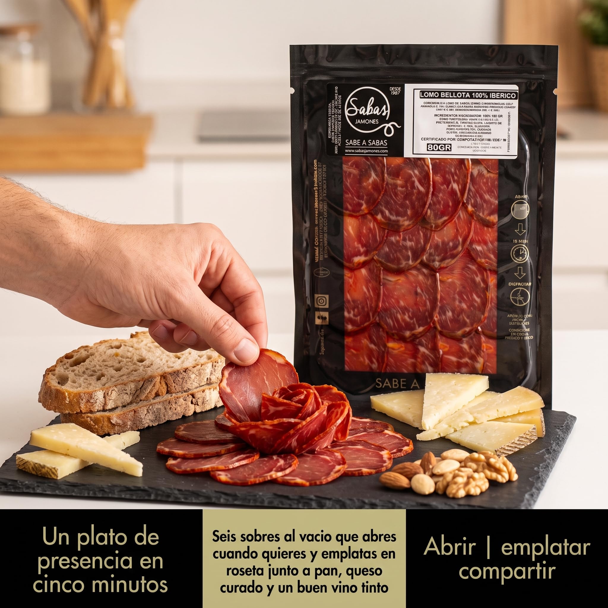 SABE A SABAS Lomo Bellota 100% Iberico Cortado a Mano Caña de Lomo de Jabugo Loncheado 6 Sobres de 80g lomo Iberico 100% curacion natural Tabla Aperitivo Picoteo Regalo Gourmet lo mejor de la Dehesa