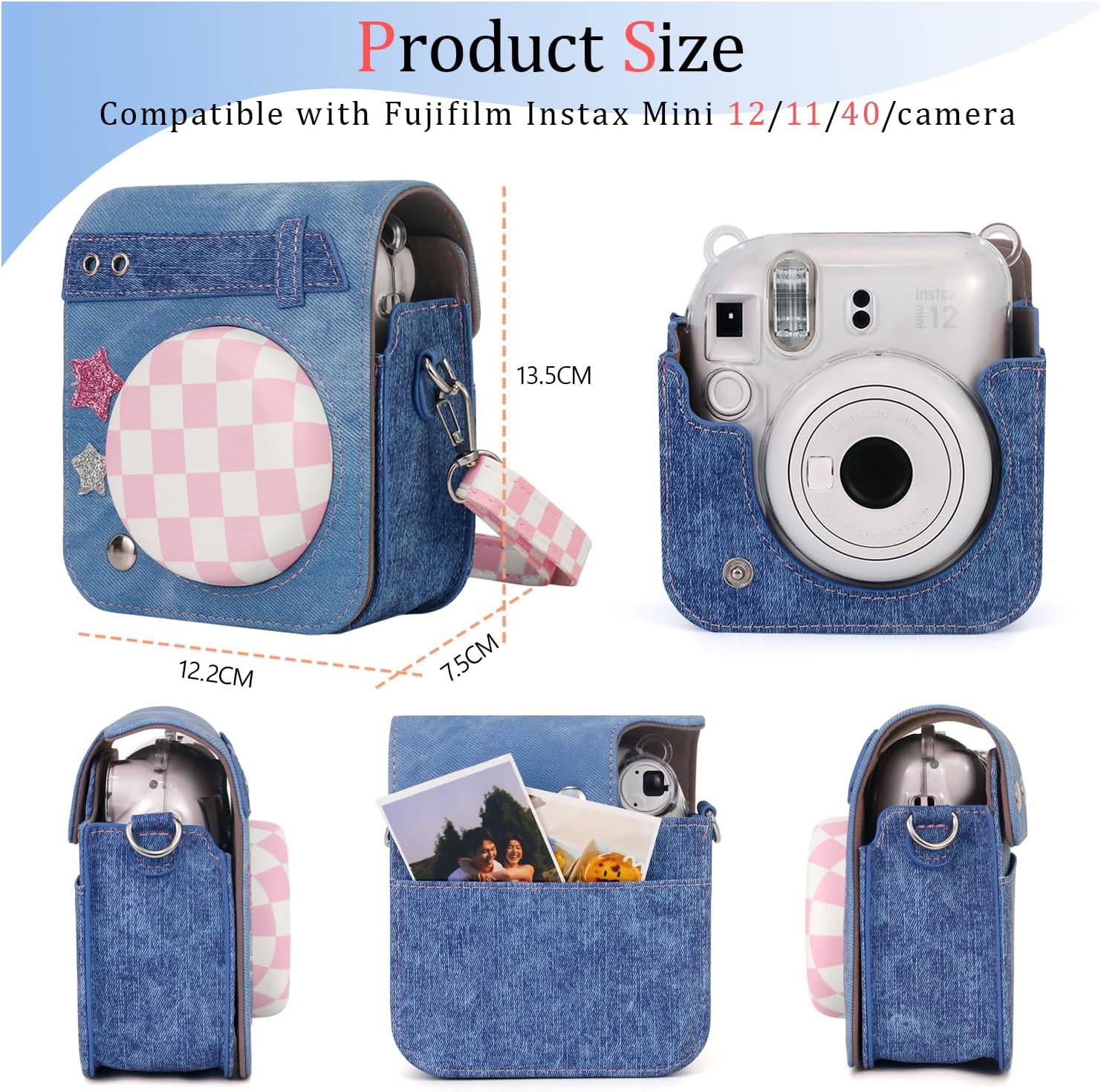 9 in 1 Accessories Bundle Kit Fit for Fujifilm Instax Mini 12/11/40 Camera, Sweetheart Denim Camera Case with 128 Pockets Photo Album, Photo Storage Box, Display Picture Frame, Magnetic Picture Frame