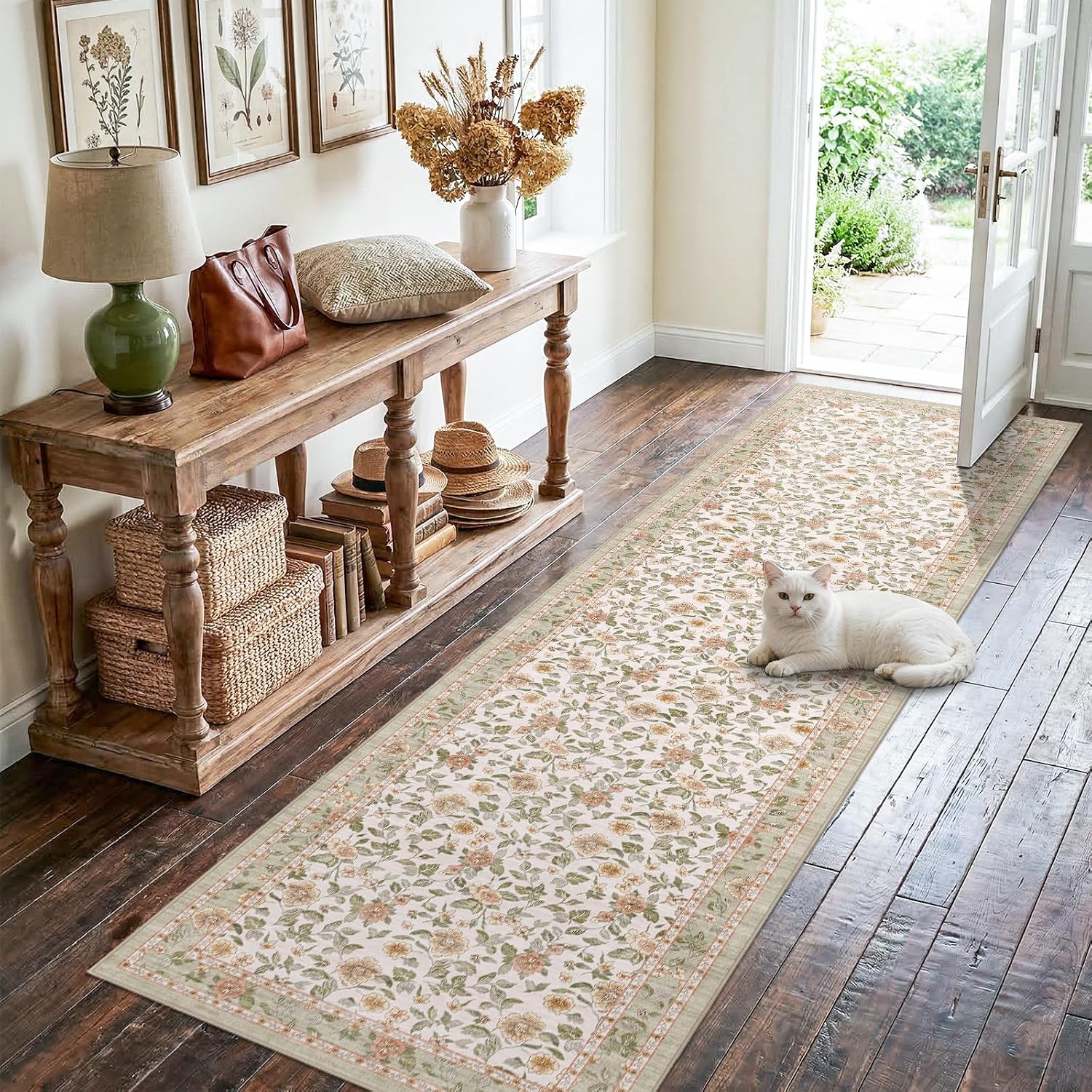 Condition photo showing New/Like New for floral kitchen runner rug 2x8: ultra-soft washable non slip rug for kitchen hallway bedroom entryway vintage cottagecore deisgn thin carpet for laundry room bathroom 2x8 light beige light/beige 2' x 8' (rectangular)