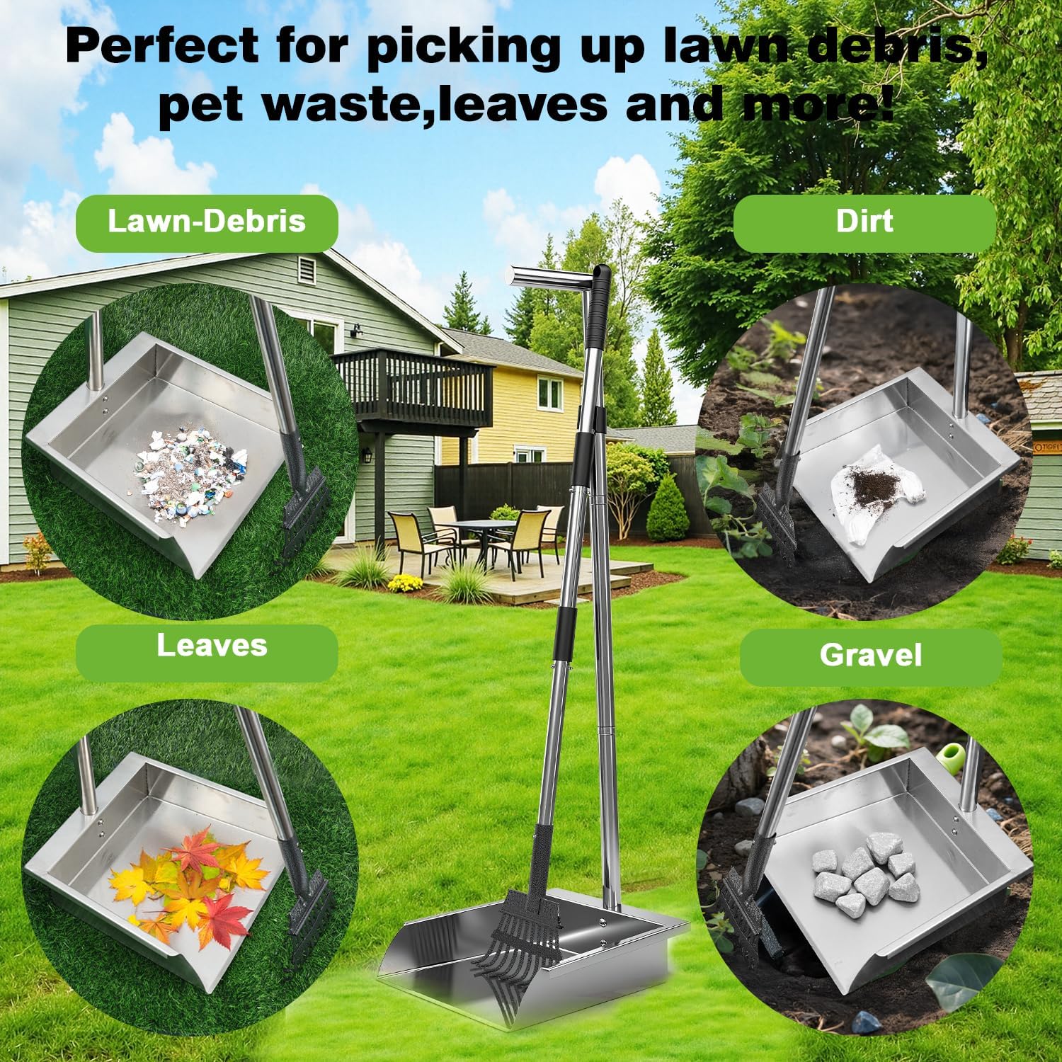 Pooper Scooper for Large Dogs,Dog Pooper Scooper Heavy Duty Long Handle Metal Tray Rake Shovel Set,Extremely Durable Metal Stainless Steel Dustpan for No Bending Clean Up Yard Grass.