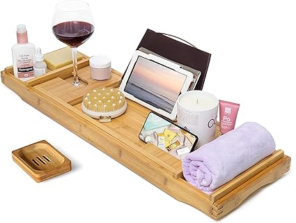 7. CINEYO - Luxury Bamboo Bathtub Caddy Tray
