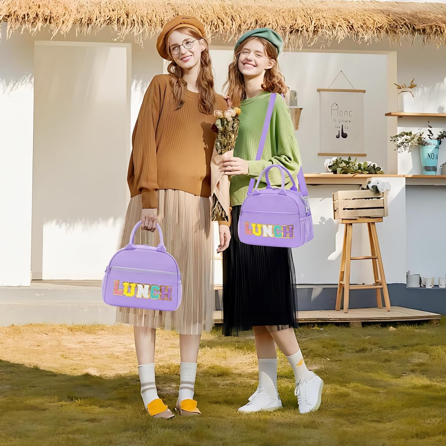 Lunch Bag for Women and Girls, Aesthetic Preppy Insulated Lunch Tote, Large Reusable Lunch Box with Gold Chenille Letters, Detachable Strap for School, Work & Picnic, Purple - Image 7