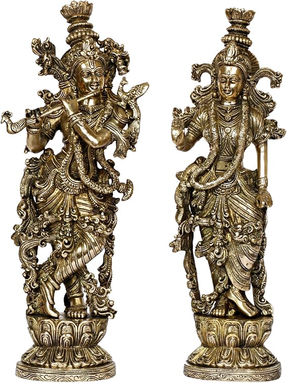 ARTVARKO Radha Krishna Brass Murti of Murli Kishan Playing Flute Radha Idol Standing on Lotus for Home Mandir Decor Marriage Height 14 Inch