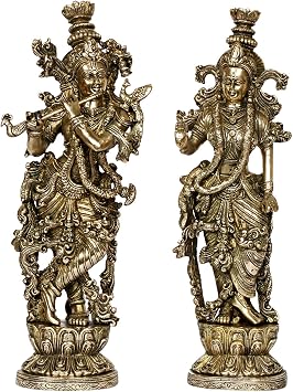 ARTVARKO Radha Krishna Brass Murti of Murli Kishan Playing Flute Radha Idol Standing on Lotus for Home Mandir Decor Marriage Height 14 Inch