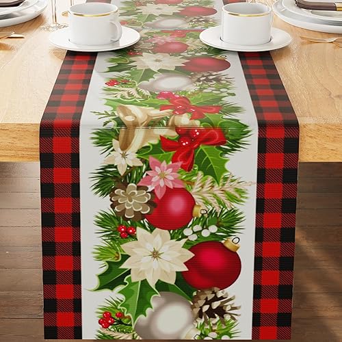 Brightown Camino de mesa de Navidad rojo y negro, a cuadros, camino de mesa de Navidad de 72 pulgadas de largo, temporada de invierno, Navidad,