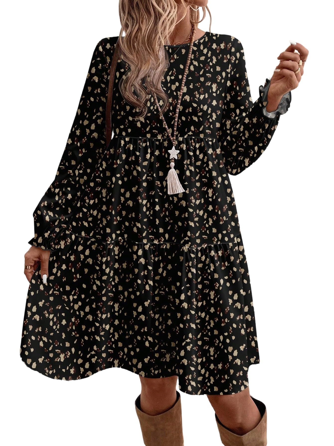 SweatyRocks Vestido de manga larga para mujer, estilo informal, informal, con flores, túnica, con volantes