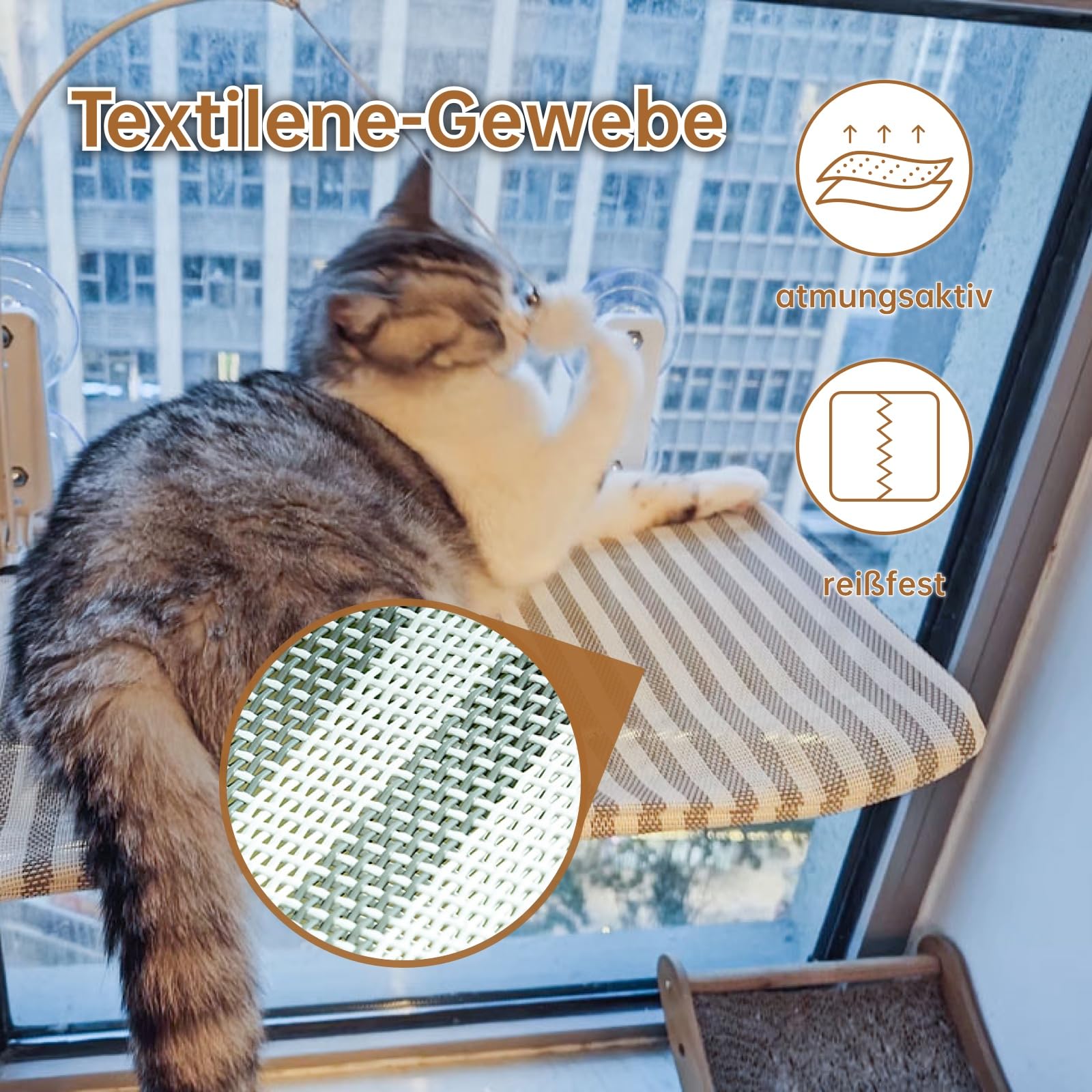 Fensterliege für Katzen Katzenbett Fenster Hängematte mit Starken Saugnäpfen bis 18kg – Abnehmbarer & Wendbarer Bezug, Faltbar & Stabil (Streifen, L)