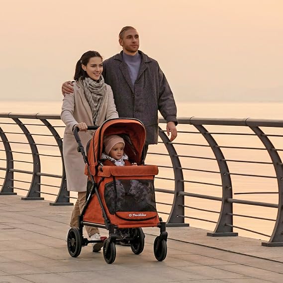 Familidoo Q1 Multi-Use Kids Wagon Stroller Foldable, Lightweight & All-Terrain for Kids & Pets 5-Point Safety Harness, Rain Cover & Compact Travel Design Supports Up to 132 lbs (Burnt Orange)