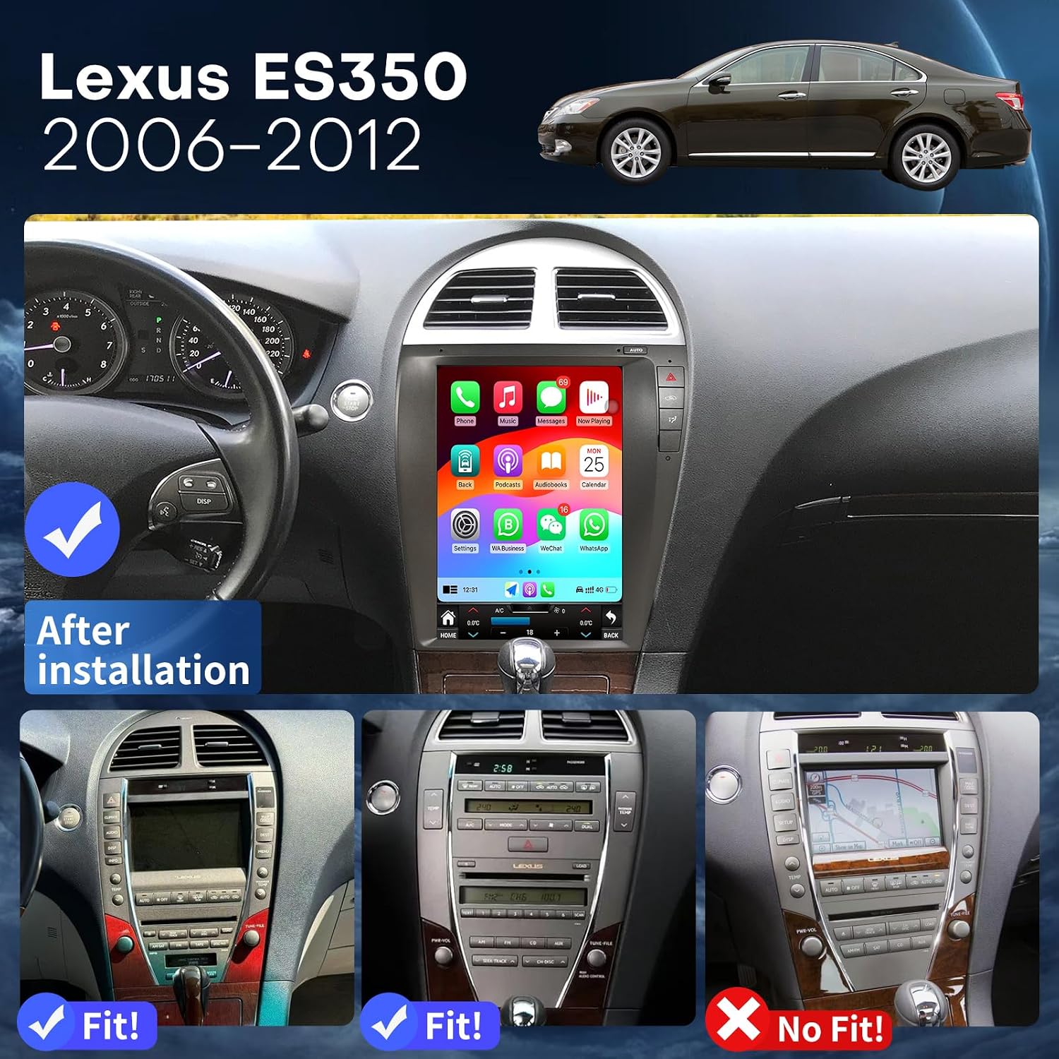 Radio for Lexus ES350 2006-2012 Radio 8Core 4+64G Wireless Carplay Android Auto Stereo 12.1 Inch Touch Screen AHD Backup Camera WiFi SWC DSP FM/AM
