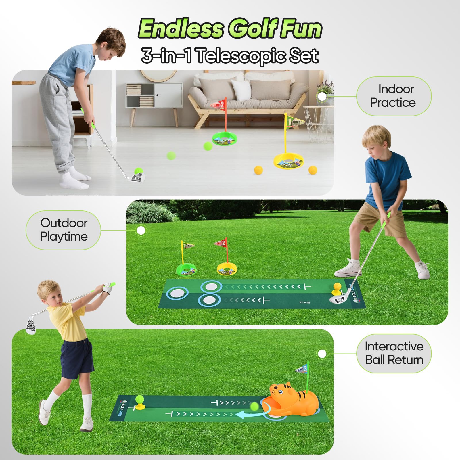 Coffret de Golf pour Enfants avec retourneur de balles Automatique et balles Lumineuses à LED | 18 pièces, Cadeau pour garçons et Filles de 3 à 8 Ans | Comprend des Clubs rétractables