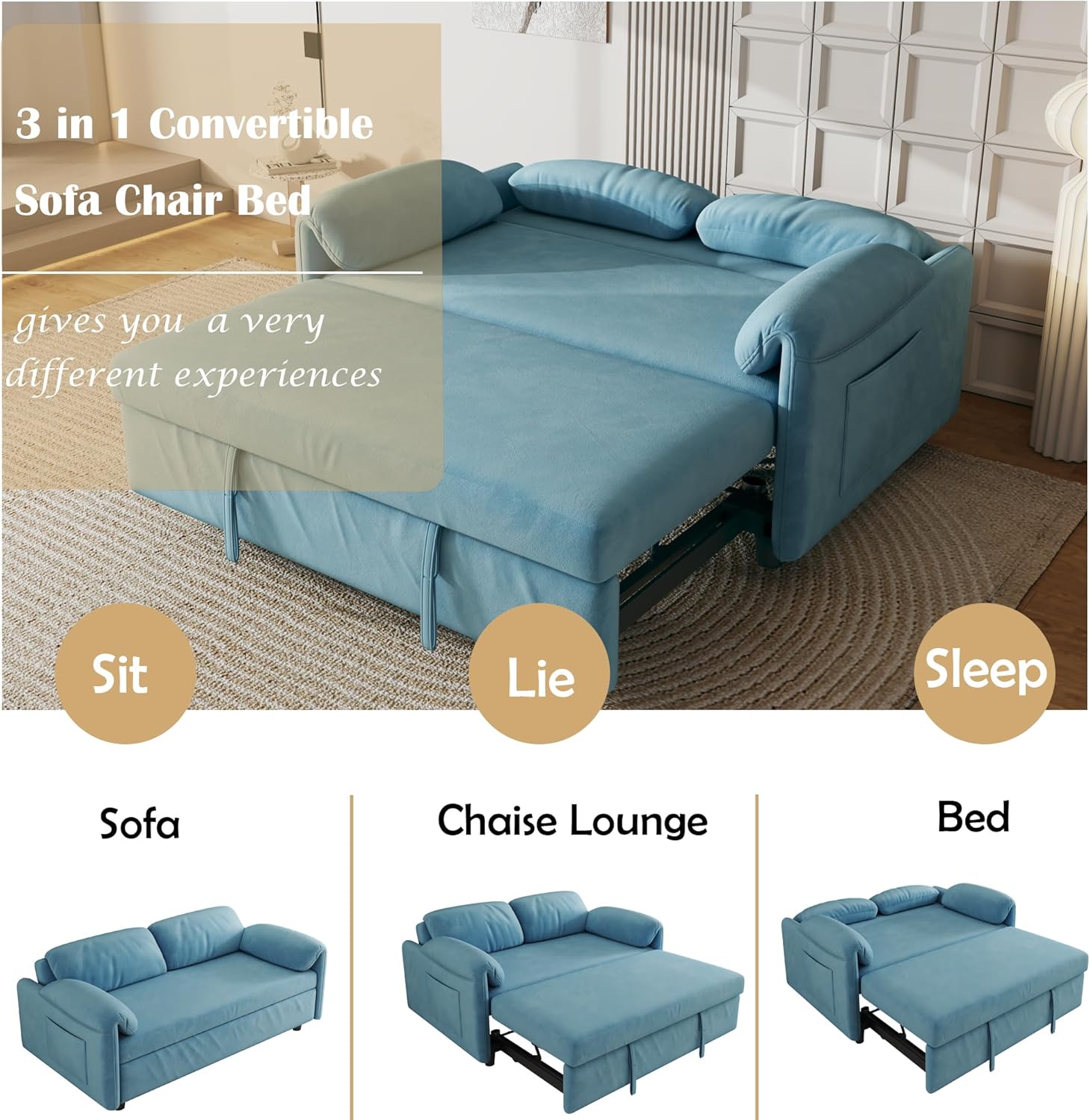 54" Velvet Sofa Bed, Retractable Queen-Size Couch with Armrest Storage Bags for Living Room， Blue