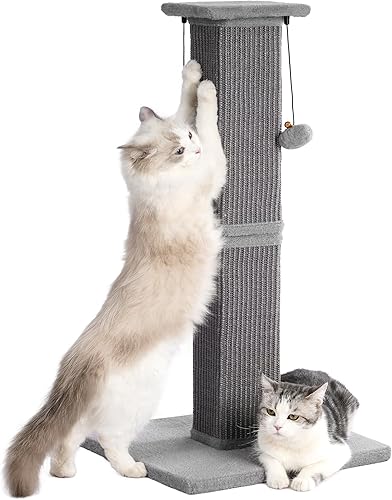 Poste rascador grande para gatos con base resistente, poste rascador cuadrado resistente de sisal de 33 pulgadas y 2 bolas interactivas para colgar