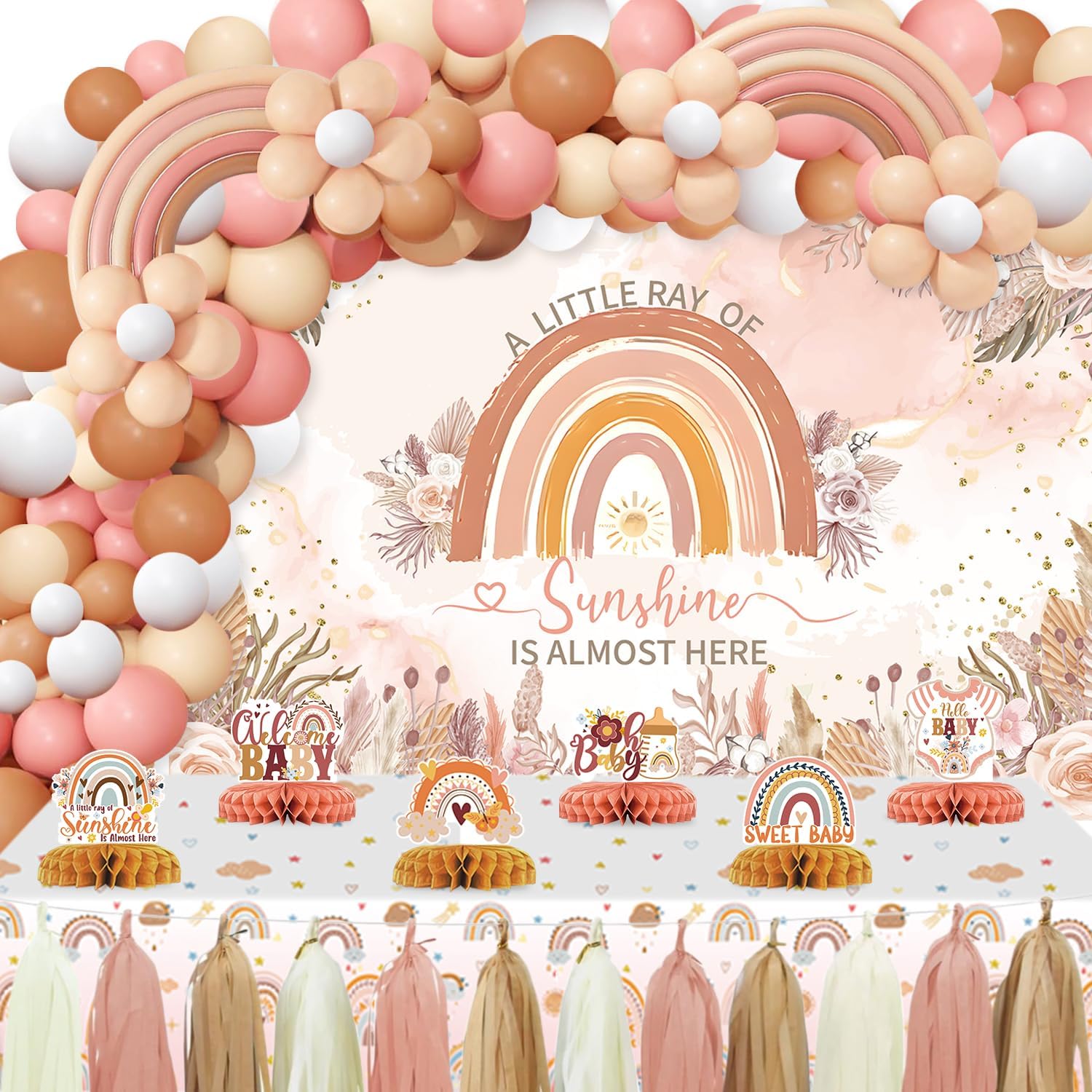 Boho Baby Shower Decorations for Girl, Boho Rainbow Baby Shower Decorations Party Supplies with Rainbow Honeycomb Centerpieces Tablecloth Backdrop Tassel Balloons Arch Kit