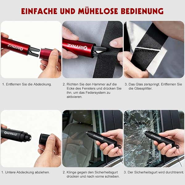 ZYNARIX 2 in 1 Gurtschneider Notfallhammer, 2 Stück Notfallhammer Auto Mit Gurtschneider, Auto Sicherheitshammer mit Übungsglas und Klebebasis Emergency Cartool Geeignet für Pkw, SUV, Busse - 5