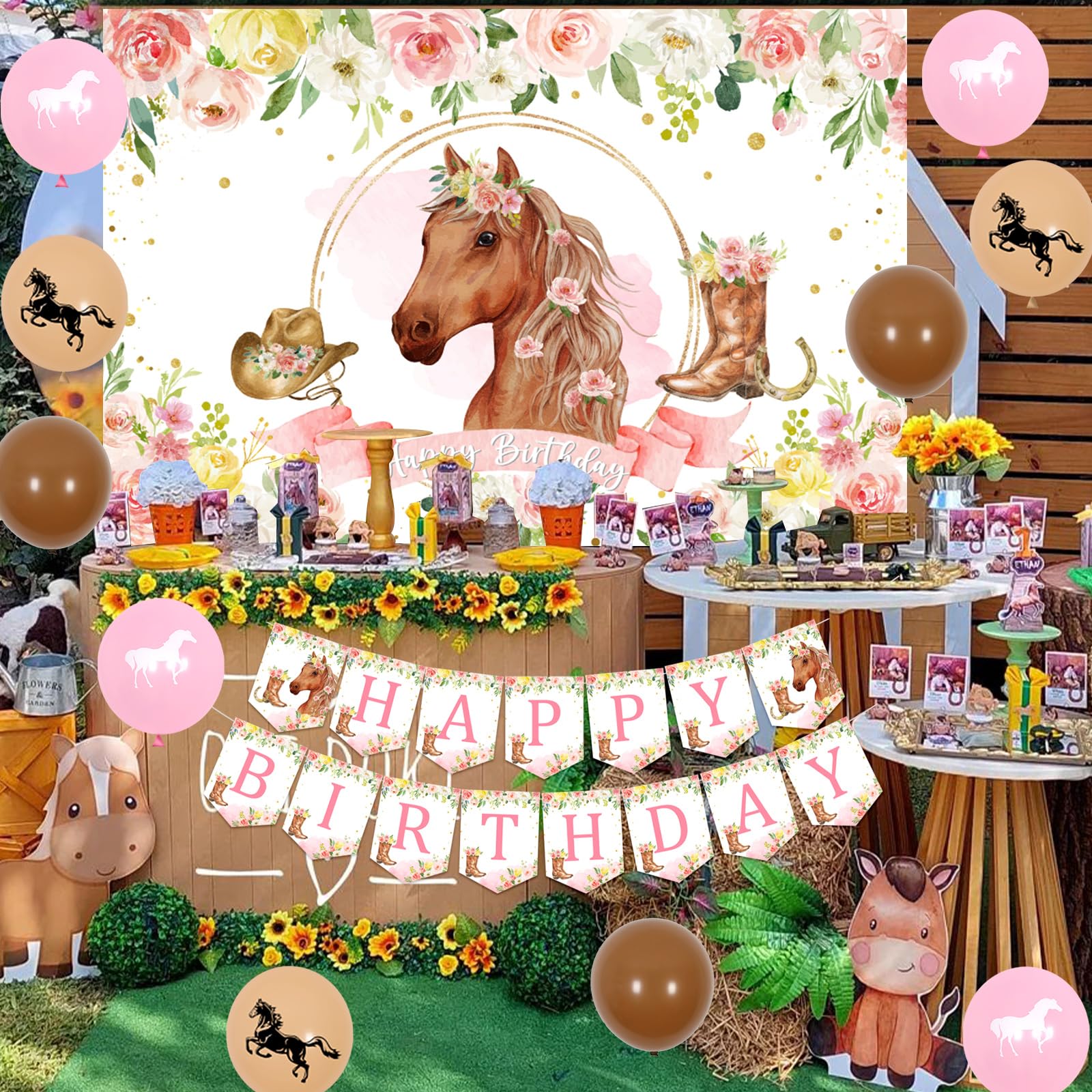 29-Piece Horse Party Decorations Set - Banner, Centerpieces, Hanging Swirls & Cupcake Toppers