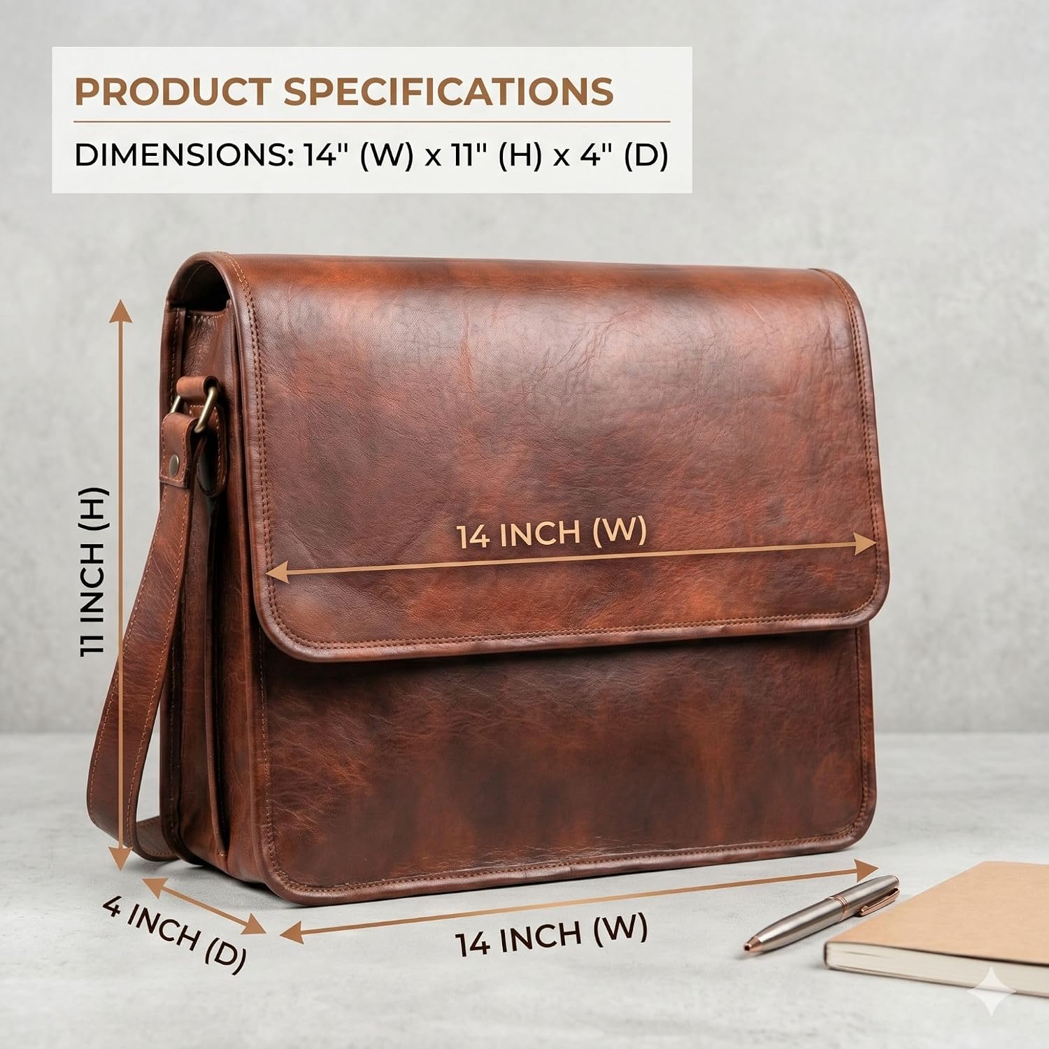 Genuine Leather Messenger Bag for Men & Women, Handmade Vintage Laptop Shoulder Bags with Adjustable Strap, Crossbody Small Briefcase for Office College Travel - 14 Inch, Brown