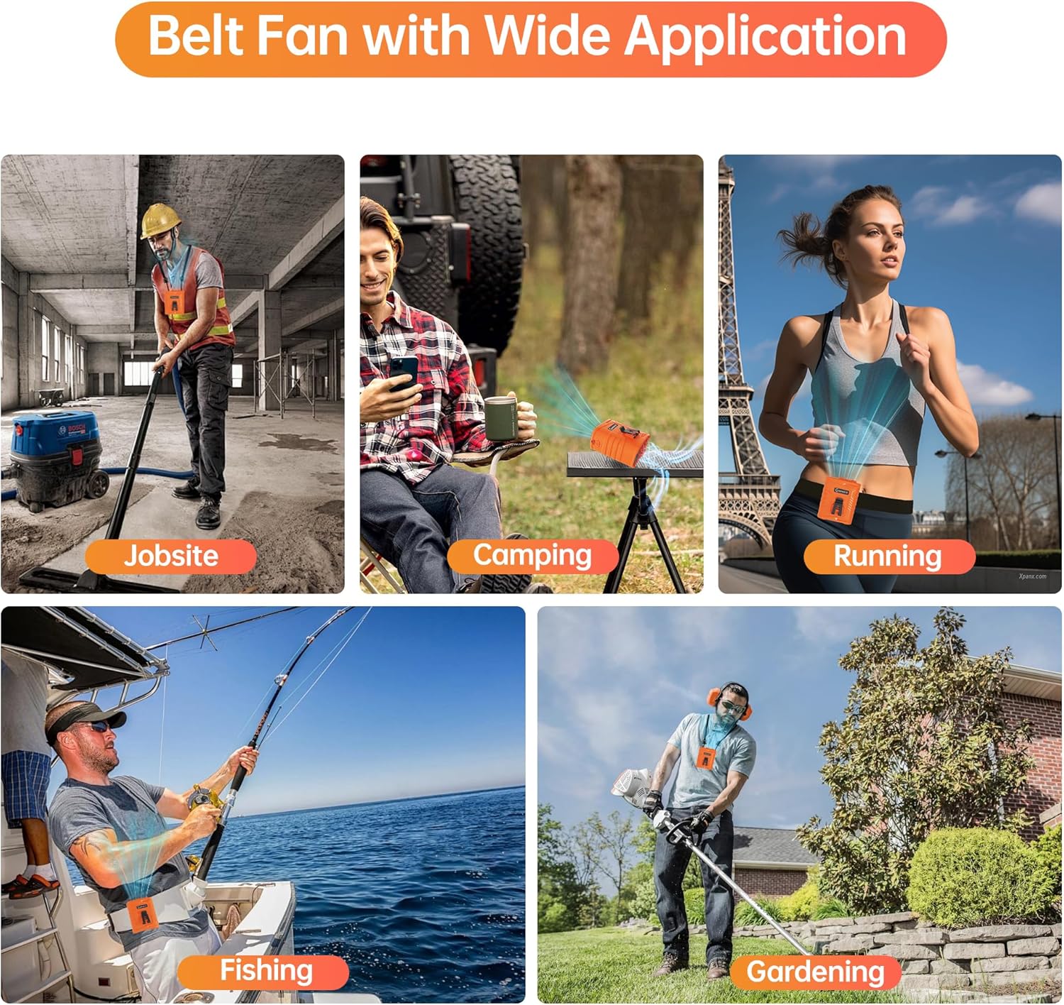 Waist Clip Fan - 5000mAh Rechargeable Portable Personal Fan, 39ft/s Ultra-Strong Wind, 29H Runtime, 5 Speeds, LED & SOS Light, for Outdoor, Camping, Hiking, Construction