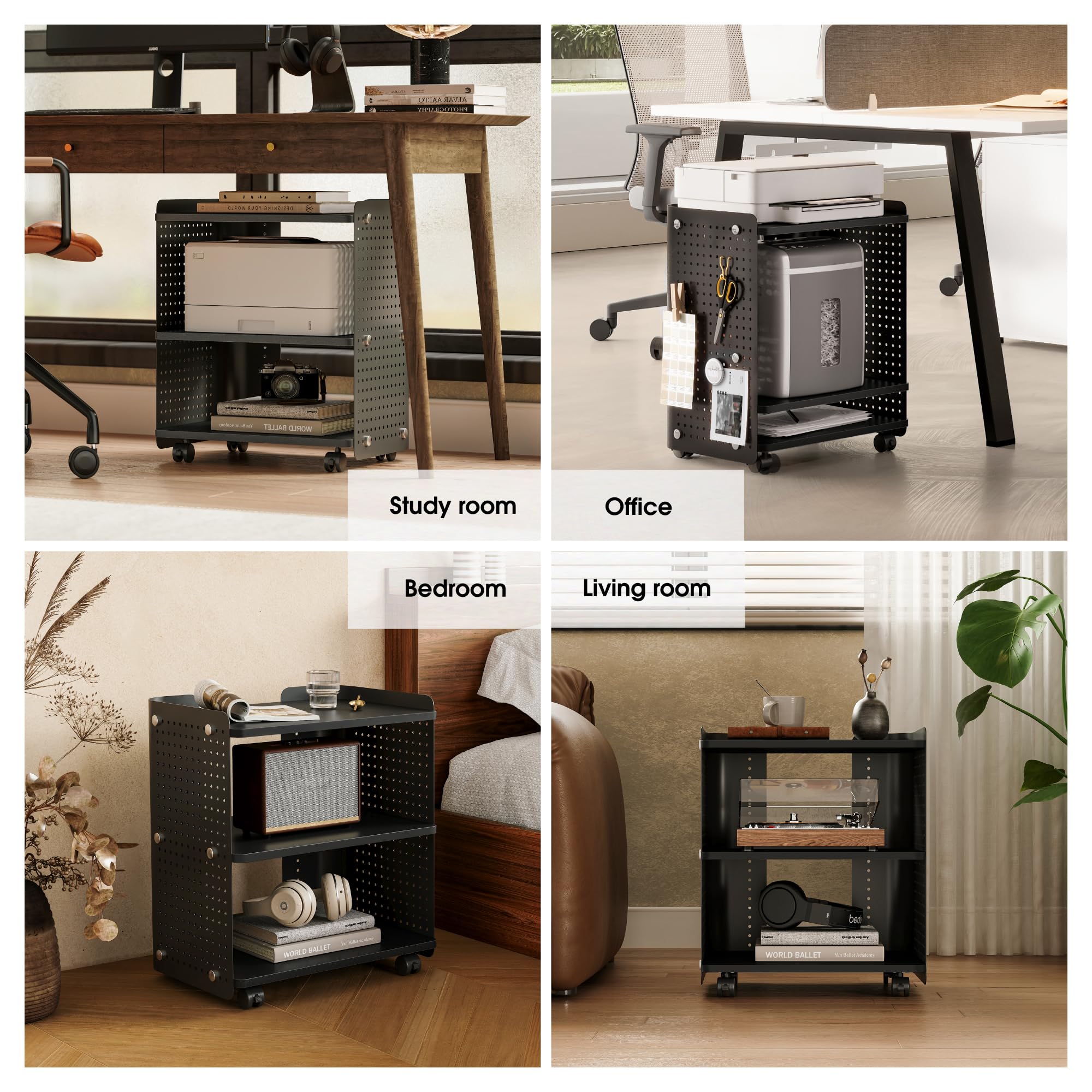 Fenge Soporte para Impresora de 3 Niveles con Tablero Perforado, Organizador de Oficina con Estante Ajustable, Carrito de Impresora para Oficina en Casa, 45,3x33,5x53,5cm (Negro)