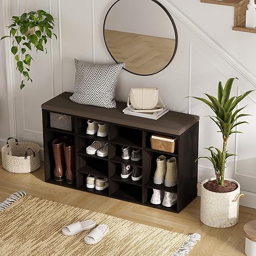 Miniatura 132 de DINZI LVJ Banco organizador de zapatos con cojín, zapatero de 9 cubos y estantes ajustables, multifuncional, para salas de estar, dormitorio, Gris