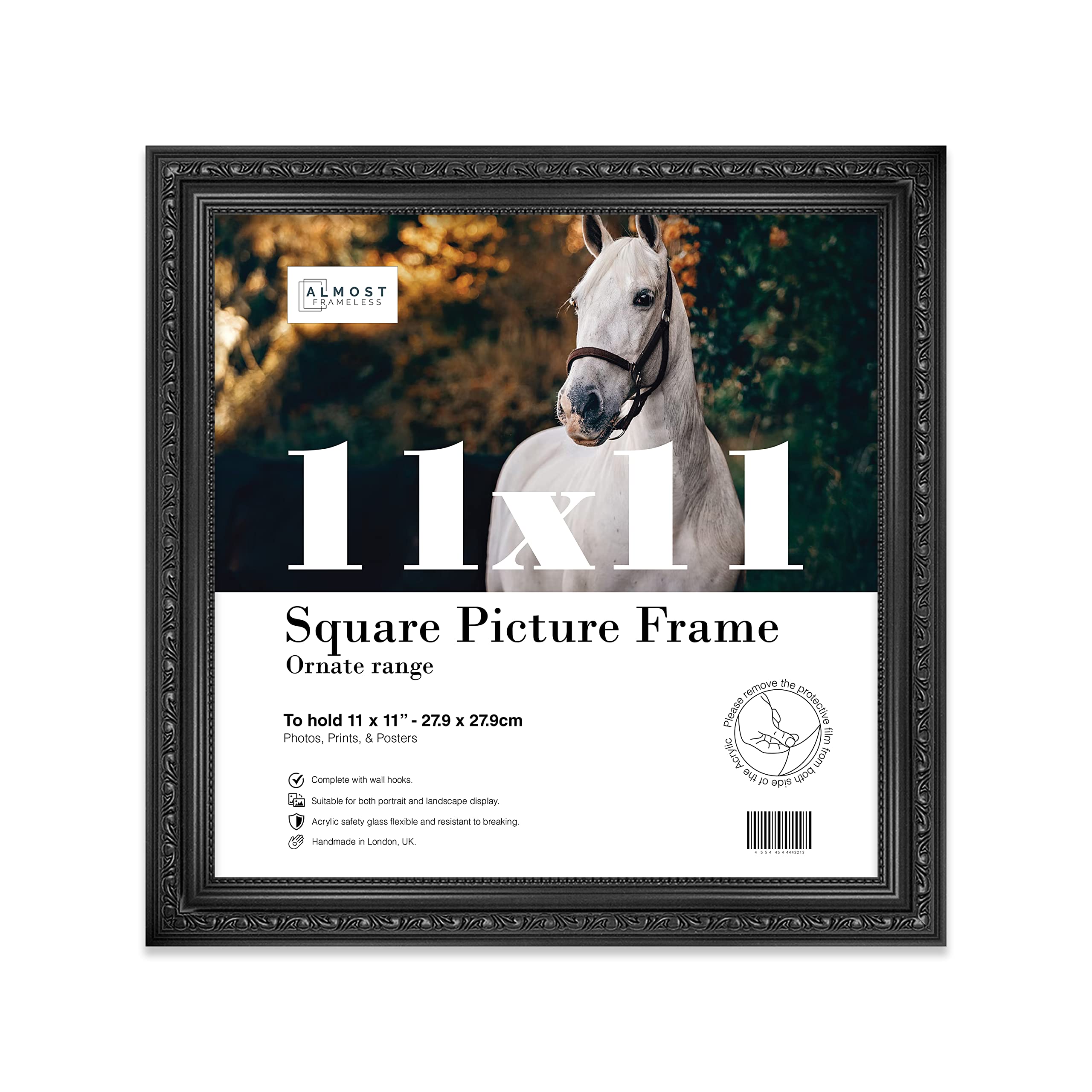 Almost Frameless 11x11 Black Ornate Picture Frame 11"x11"(27.9x27.9cm) Poster, Photo, Artwork, or Print. Baroque Style Portrait and Landscape Display with Wall Hooks
