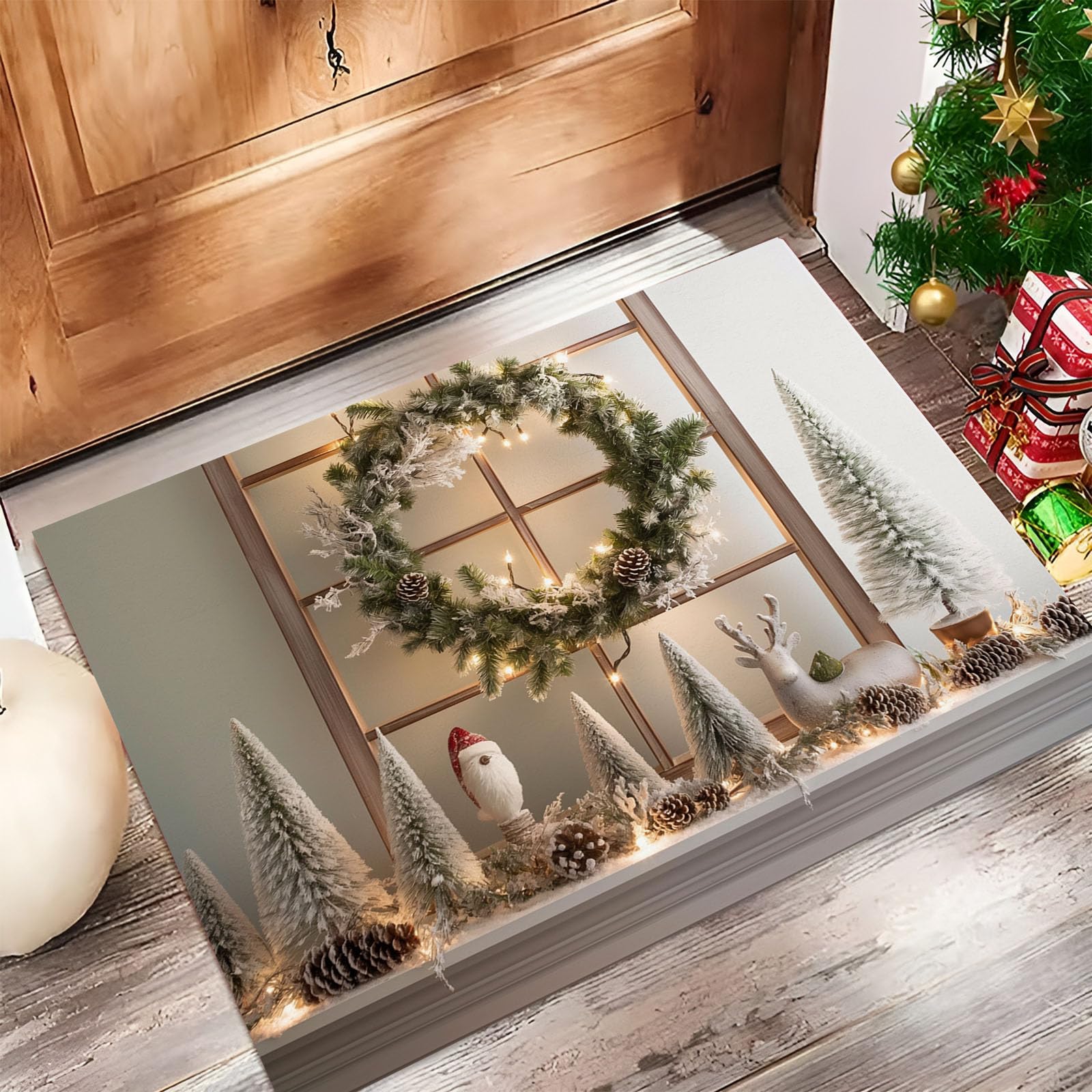 Paillasson de Noël 90x150cm beige avec couronne élégante pour l'entrée