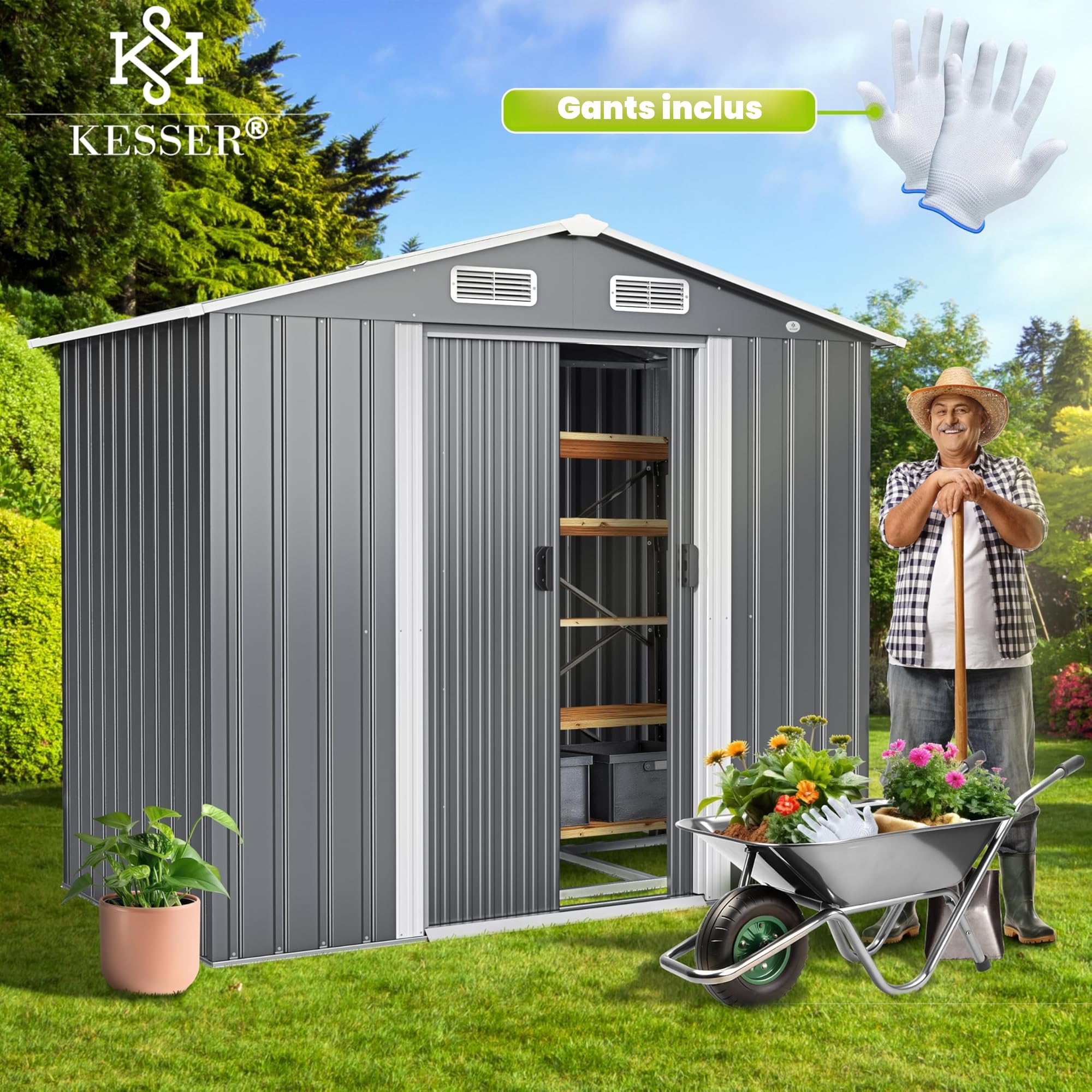 KESSER Abri de Jardin XL en Métal 4,2 m³ avec Fondation | avec Gants de Travail | 195 x 131 x 186 cm | 2 Portes Coulissantes et Fondations | Armoire | Toit à Pignon