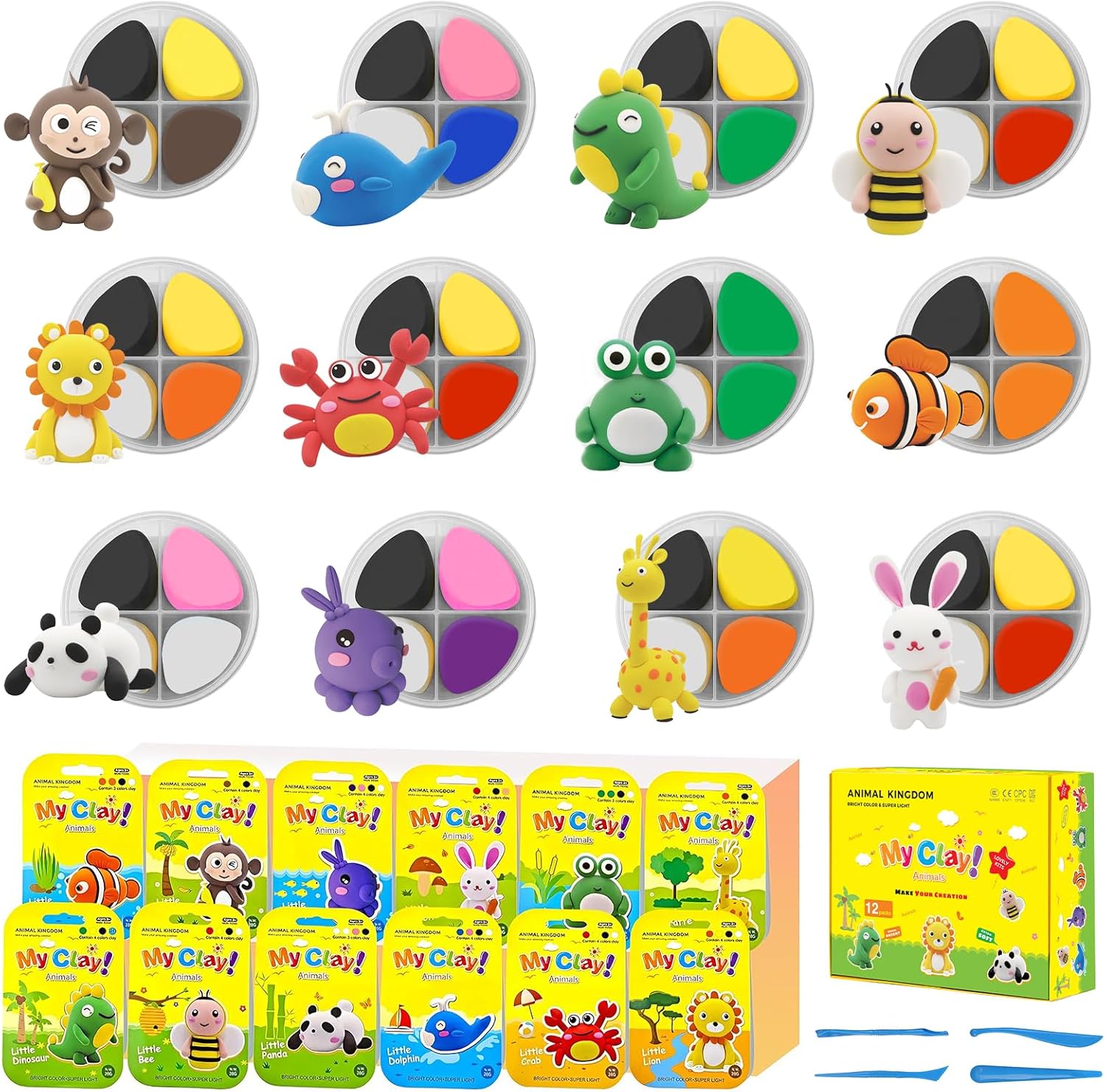 Juego de arcilla mágica para modelar, kit de arcilla seca al aire para niños con herramientas de escultura y tutoriales, 12 cajas de animales,