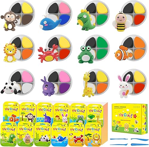 Miniatura 1 de Juego de arcilla mágica para modelar, kit de arcilla seca al aire para niños con herramientas de escultura y tutoriales, 12 cajas de animales,