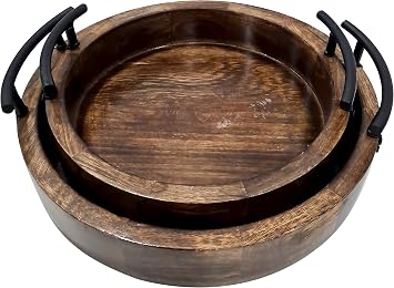 Handmade Round Wooden Serving Tray Set of 2 Rustic Deep Design with Metal Handles, Perfect for House Parties, Kitchen Use, Coffee Table & Home Decor Gift