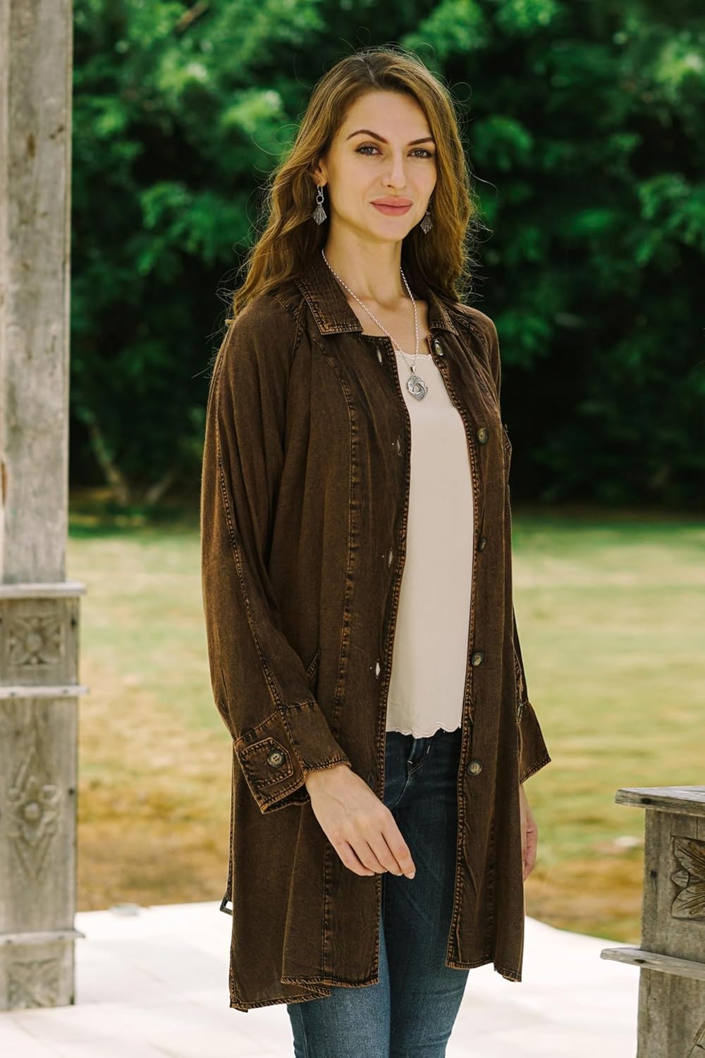 NOVICA Artisan Handmade Viscose Trench Coat Stone Washed Brown Clothing Solid India 'Jaipur Fall'